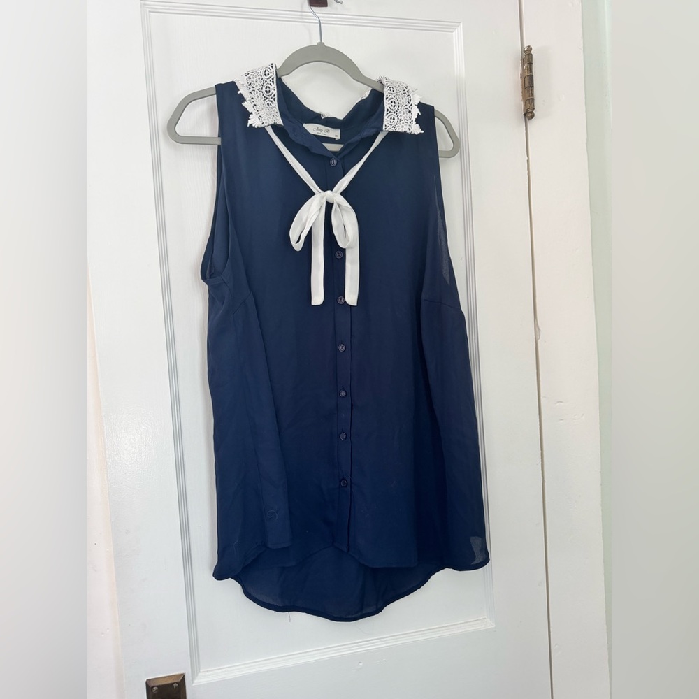 ModCloth Jessie B Navy Blue Sleeveless Top with White Lace Collar 2X
